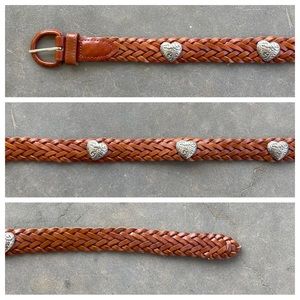 VINTAGE Brown Braided Leather Belt with Silver Heart Conhos
